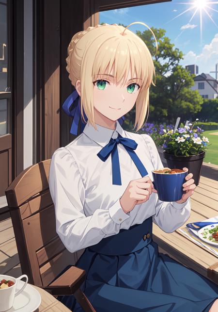 00185-2581720460-best quality, masterpiece, phSaber, phAltoria, 1girl, solo, sitting, blue ribbon, cup, skirt, smile, shirt, food, looking at vie.png